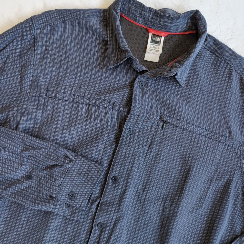 North Face Tekware Button Shirt Mens XL Blue Grid Long Sleeve Hiking Performance - Picture 1 of 8